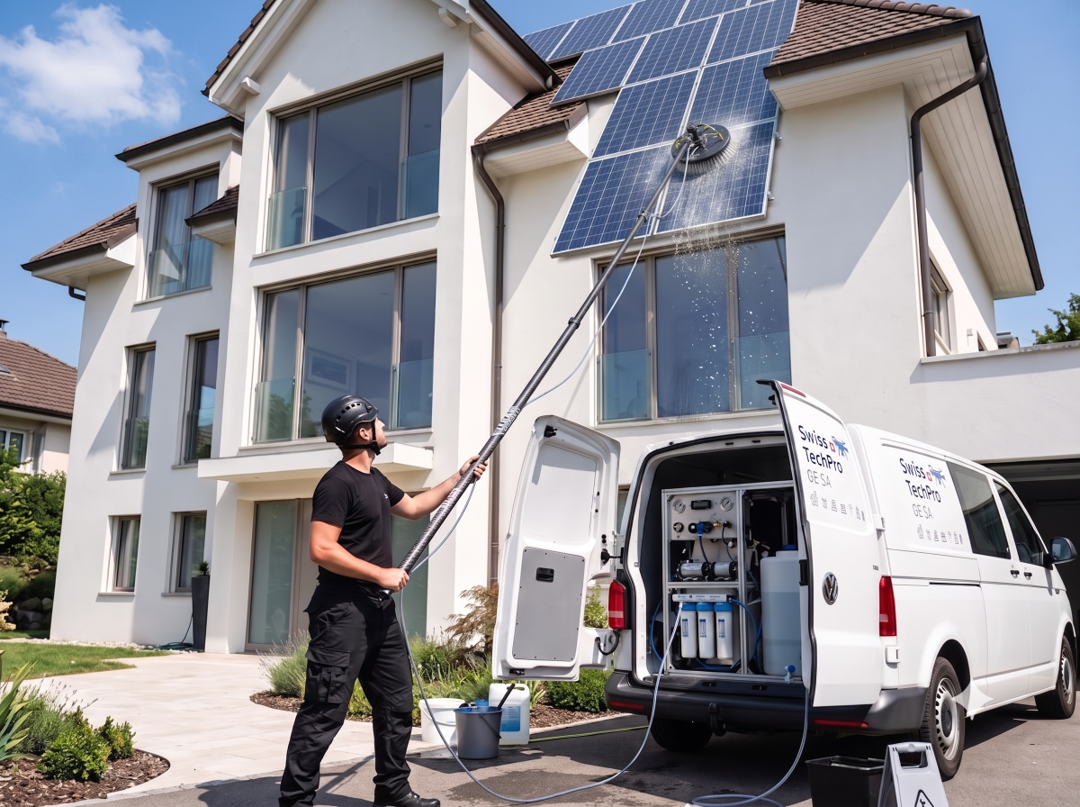 Nettoyage de panneaux solaires à l'eau osmosée à Genève et Vaud - SwissTechPro